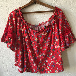 Red Floral Bell Sleeve Top